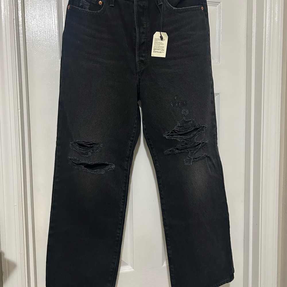 Levi's Black High-Rise Distressed Straight Jeans